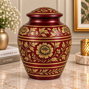 Urne funéraire en métal rouge cramoisi avec motif floral doré complexe, couvercle décoratif large, souvenir commémoratif - Product Image 1