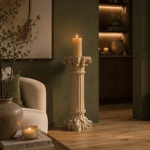 Heritage Wooden <b>Tall</b> <b>Pillar</b> <b>Candle</b> Stand Hand Carved Floral Design Farmhouse Home Hotel Indoor Outdoor Decorative Display - Product Image 4