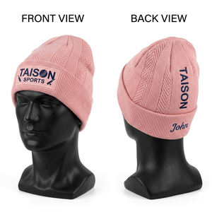 Bonnet de cricket pour homme en acrylique tricoté 280 GSM, doux et chaud, rose, à motif côtelé, avec revers pliable et logo brodé personnalisé - Product Image 1