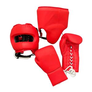 Professional White Boxing Protection Set Sparring <b>Training</b> Leather Headgear Gloves Groin Guard 3-Piece Boxing Set - Product Image 2