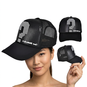 Gorra Trucker Negra de Malla con Estampado de Punto de Interrogación Termotransferible, Cierre Trasero Ajustable, Estilo Urbano, Unisex, Primavera Verano - Product Image 5