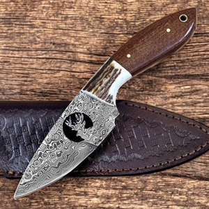 Cuchillo de caza OEM Wirecut de acero de Damasco, tipo Skinner, mango de micarta de ciervo, hoja fija, para camping, actividades al aire libre y EDC, con funda de cuero. - Product Image 6