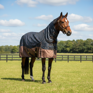Two Tone Horse Turnout <b>Rug</b> with Star Chem Pattern Full Neck Cover <b>Waterproof</b> <b>Outdoor</b> Blanket Adjustable Straps - Product Image 1