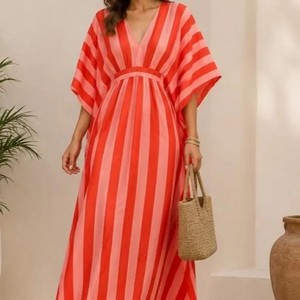 Robe longue décontractée pour femme à rayures, col rond, manches courtes, coupe ample, respirante, tissée, 100 % polyester, idéale pour l'été - Product Image 1
