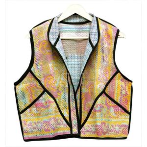 Chaleco Elegante para Mujer, Estilo Vintage Kantha, Transpirable, con Botones, Estampado Floral Multicolor y Rayas Negras, 100% Algodón - Product Image 2
