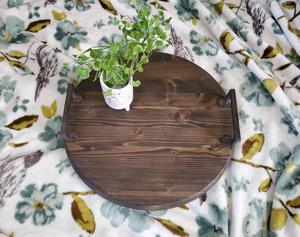 Bandeja redonda de madera rústica hecha a mano, bandeja para mesa de centro otomana, bandeja de madera multiusos - Product Image 5