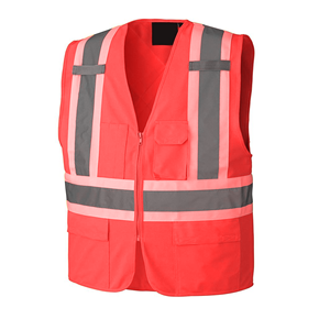 Chaleco de Seguridad Reflectante de Alta Visibilidad, Rojo, Poliéster, Unisex, Ropa de Trabajo con Bolsillos y Cierre de Cremallera - Product Image 1