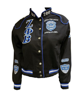 Chaqueta Bomber Universitaria con Parches de Letras Griegas de la Hermandad Zeta Phi Beta, Azul y Negro, Bordado Premium, Estilo Urbano - Product Image 1