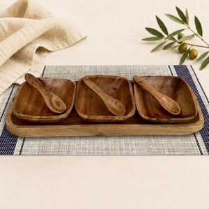 Ensemble de bols à condiments en bois d'acacia naturel fait main avec cuillères de service et plateau rectangulaire, vaisselle écologique - Product Image 4