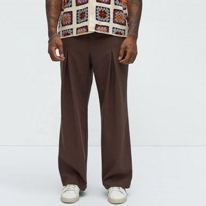 Custom Formal Brown <b>Men</b> High Waist Pleated Wide Leg <b>Trousers</b> Smart Casual Brown Woven Pants Button Closure <b>Baggy</b> <b>Men</b> Dress Pants - Product Image 5