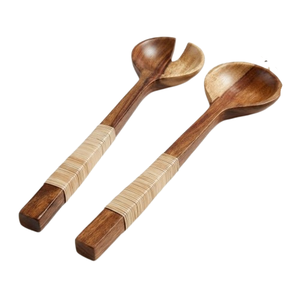 Servidores de ensalada de madera de mango hechos a mano de primera calidad, cuchara y tenedor de madera ecológicos con elegantes mangos bañados en blanco. - Product Image 3