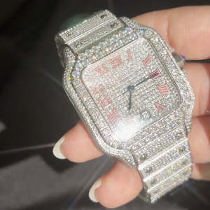 100% <b>Diamond</b> Tested Sparkling VVS Square Moissanite <b>Watch</b> Hip Hop Style Stainless Steel Pink Dial Mechanical <b>Watch</b>. - Product Image 3