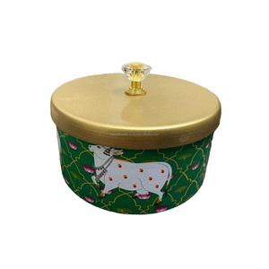 Wholesale Indian Pichwai Cow Enamel Printed Flat <b>Storage</b> Jar Metal Container Gold Lid Crystal Knob Bulk - Product Image 1