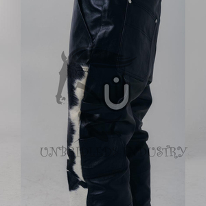 Pantalon d'hiver pour homme en cuir de vache véritable à double genouillère, style hip-hop, noir et blanc, coupe-vent et respirant - Product Image 4