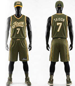 Ensemble d'uniformes de basket-ball pour hommes, polyester premium, maille vert olive, panneaux latéraux dorés, jersey respirant, shorts personnalisés en twill. - Product Image 1