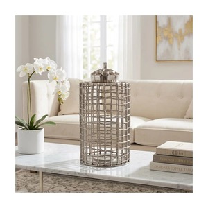 Midnight Muse Industrial <b>Metal</b> Tabletop Vase Handmade <b>Grid</b> Design Silver Finish - Product Image 3