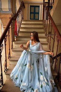 Exclusive ready to wear georgette ruffle lehenga <b>saree</b> digital print <b>stitched</b> blouse lace border dupatta for women - Product Image 4