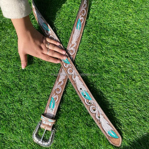 เข็มขัดหนังแท้สำหรับผู้ชายและผู้หญิง, เข็มขัดลายดอกไม้ทำด้วยมือแบบตะวันตกเข็มขัดคาดเอวหนังแท้ - Product Image 3