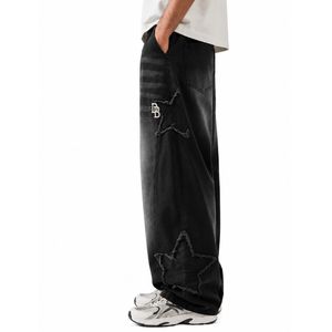 Jean baggy noir délavé surdimensionné pour homme, coupe large, en denim déchiré avec patch brodé blanc, style streetwear - Product Image 4