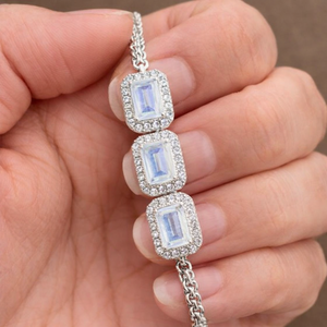 Trendy <b>Rainbow</b> Moonstone Emerald-Cut Micro Insert Women's Chain Bracelet Rhodium Plated 925 Sterling Silver Wedding Party Gift - Product Image 4