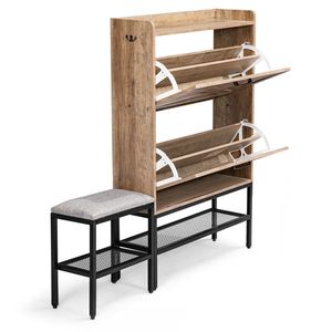 Meuble à chaussures style porte de grange, 2 compartiments rabattables avec panneau en treillis métallique, pieds en métal, coussinets souples, 1 crochet - Étagère à chaussures en particules - Product Image 2