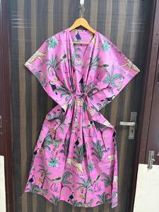 Vestido Kaftán de Algodón con Estampado Floral Rosa para Mujer, Estilo Informal, para la Playa, para el Verano, Estilo Bohemio - Product Image 1