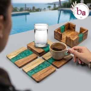Beads Art Ba Round Wood Resin Coasters Set of 4 Green Classic Handmade - Product Image 2