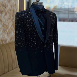 Black Sequin Embroidered Men’s Tuxedo Suit – Designer Slim Fit Wedding <b>Blazer</b> <b>Set</b> with Vest & Bow Tie - Product Image 1