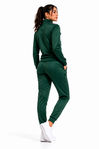 Ensemble de survêtement sportif pour femme, vert et blanc, à blocs de couleur, avec fermeture éclair intégrale et capuche, en polyester respirant, idéal pour l'automne - Product Image 2