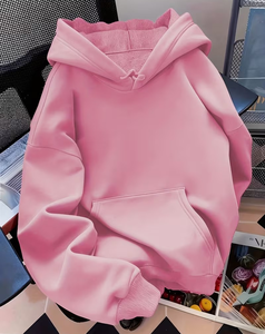 Women's Customizable Oversized Solid Pink Hooded Sweatshirt Front Pocket Regular Fit Fleece Knitted Eco-Friendly Casual Winter - Product Image 1