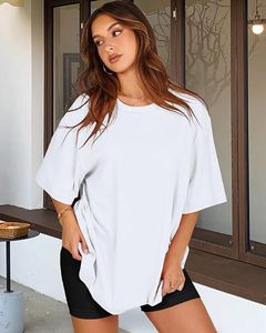 T-shirt décontracté pour femme en jersey de coton blanc à col rond, manches courtes, coupe ample, couleur unie, respirant - Product Image 4