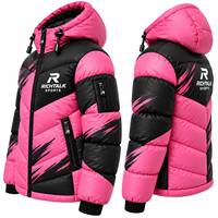 Blouson matelassé à capuche pour homme, col montant, blocs de couleur rose et noir, coupe-vent, en polyester épais, fermeture éclair, idéal pour l'hiver et le sport