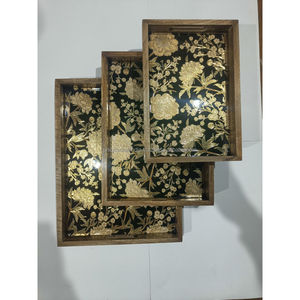 Juego de bandejas para servir hechas a mano con madera de mango |   Bandejas de Desayuno Decorativas de Madera con Asas, con Diseño Floral Tropical en Esmalte Teal - Product Image 3