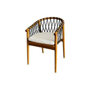 Sillón Moderno de Madera Ecológica y Duradera Evoa con Respaldo de Cuerda Negra y Cojín de Algodón Blanco, Diseño de Mediados de Siglo, Silla de Comedor para el Hogar - Product Image 1
