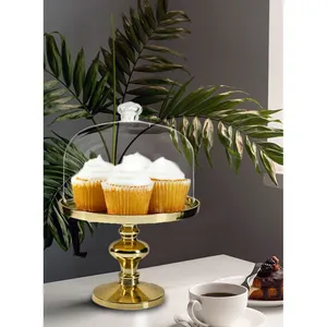 Luxury Gold Metal Cake Stand Round Pedestal Dessert Display with Glass Dome for Home Bakery Use - Product Image 3
