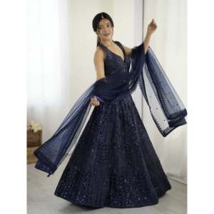 Ensemble de costume de soirée pour femme, bleu marine, en tissu net Lehenga Choli avec travail de sequins et de Dori, taille M, 100% polyester - Product Image 6