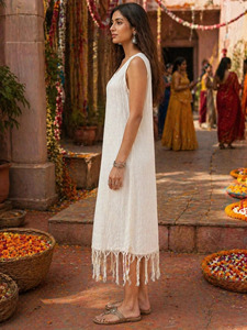 Handcrafted Linen Maxi <b>Dress</b> for Women Sustainable <b>Boho</b> Chic Sleeveless <b>Summer</b> Outfit Artisanal Off-White Casual Resort Wear - Product Image 4