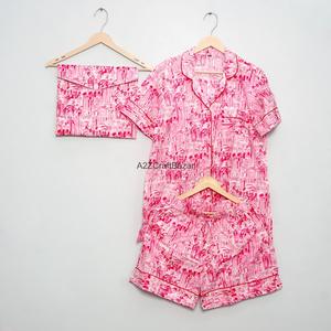 Ensemble de pyjama court pour femme en coton pur 100% respirant et doux, imprimé fleuri, col en V, fermeture à cordon, été - Product Image 1