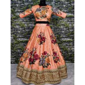 Magnifiques robes de soirée Lehenga Choli élégantes brodées de créateurs de pêche - Product Image 5