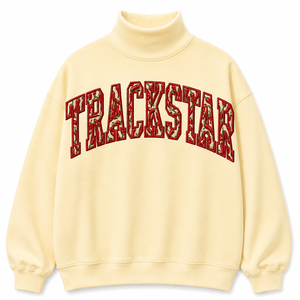 เสื้อสเวตเชิ้ตคอเต่าสีเหลืองบัตเตอร์ Trackstar พร้อมลายตัวอักษรสีแดงแบบพริก แขนยาว สำหรับเสื้อผ้าสั่งทำขายส่ง - Product Image 1