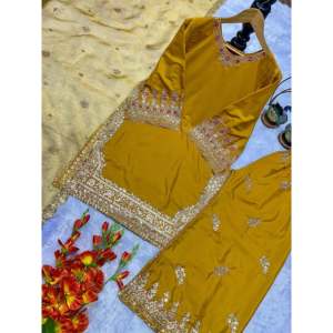 Valam Fashion Designer - Conjunto de Salwar Kameez de Seda - Hermoso Conjunto Amarillo de Top, Pantalón y Dupatta para Fiesta, Talla M - Product Image 5