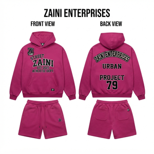 <b>Men</b> <b>Hoodie</b> <b>Shorts</b> <b>Set</b> Premium Cotton Fleece 320 GSM Pullover <b>Hoodie</b> Custom Screen Print Logo Solid Magenta Urban Streetwear - Product Image 1