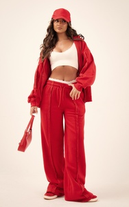 Pantalon de jogging ample rouge pour femme en polyester et coton, coupe décontractée, longueur intégrale, avec logo personnalisé pour femme - Product Image 6