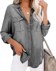 Camisas de Mezclilla Elásticas para Mujer, Calidad Premium, Botones de Verano, Manga Larga, Estilo Vintage, Ecológicas, Transpirables - Product Image 2