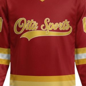 Men <b>Red</b> Gold Sublimated Ice Hockey Jersey Shorts Set V Neck Striped Polyester Athletic Sports Clothing Team Training Apparel - Product Image 5