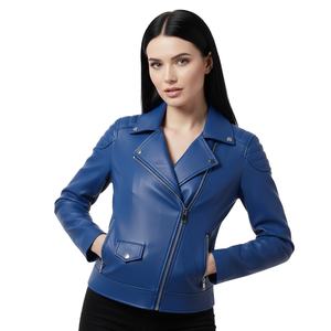 Veste de moto en cuir bleu unique pour femmes, sur mesure, vente en gros, prix d'usine, style motard authentique, manteau de mode pour femmes, OEM - Product Image 1