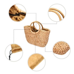 Sac fourre-tout en paille de jacinthe d'eau naturelle - Sac de plage d'été tissé demi-lune avec poignée ronde pour femme - Product Image 3