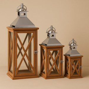 Faroles Rústicos de Madera, Juego de 3 Piezas, con Asa de Cuerda, Techo Piramidal de Madera, Marco Abierto, Decoración para Patio, Casa de Campo - Product Image 3