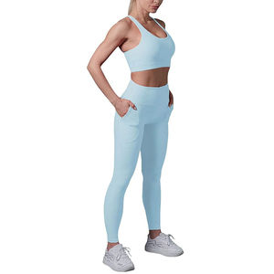 Ensemble de yoga 2 pièces sans couture personnalisé pour femme, tenue de sport active avec legging à motif uni, marque personnalisée avec service OEM - Product Image 1