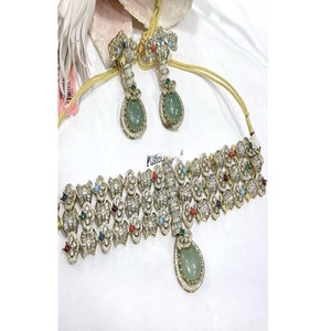 Royal Premium Quality Gold Plated Brass Moissanite <b>Statement</b> Fusion Choker <b>Necklace</b> Earrings Set Wedding Party Wear Collection - Product Image 1